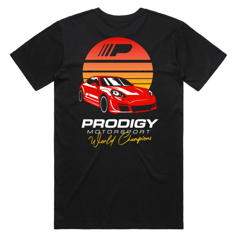 Black t-shirt with a retro Prodigy Motorsport World Champion car-and-sunset design