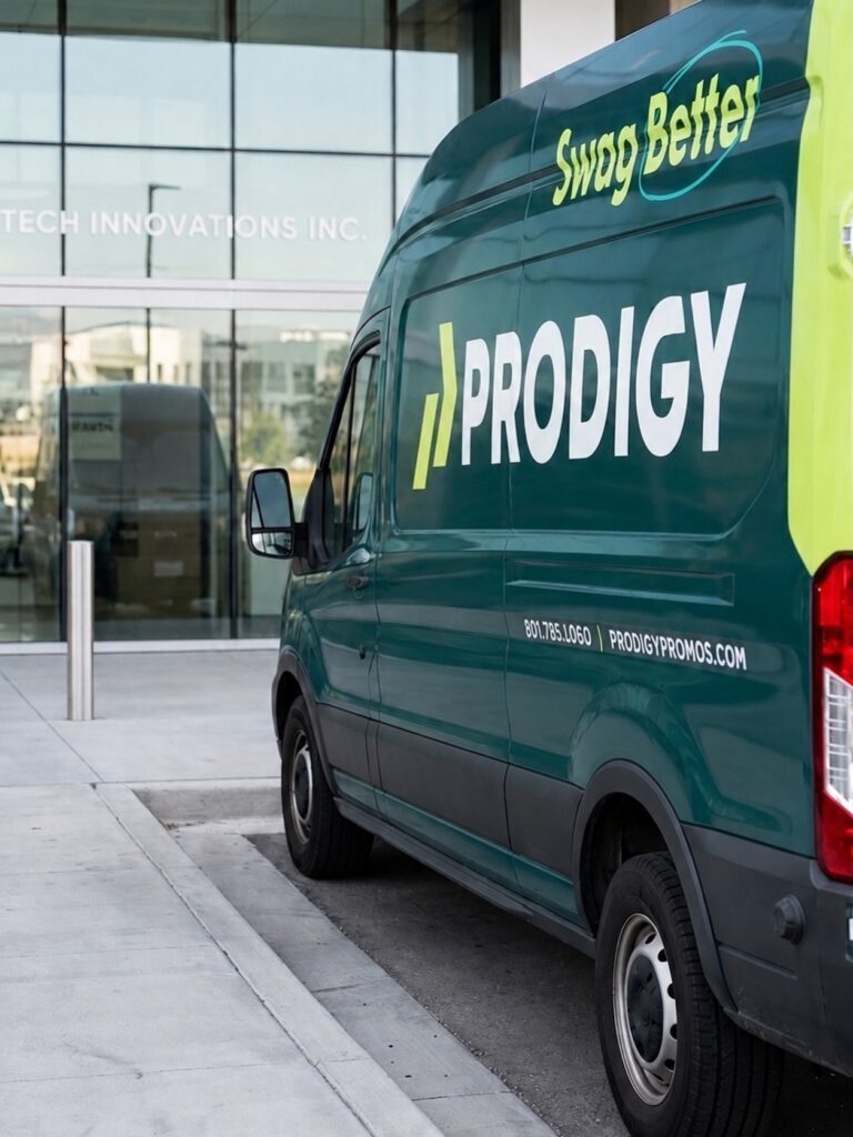 Green Prodigy Promos delivery van with Swag Better branding in Lindon, Utah