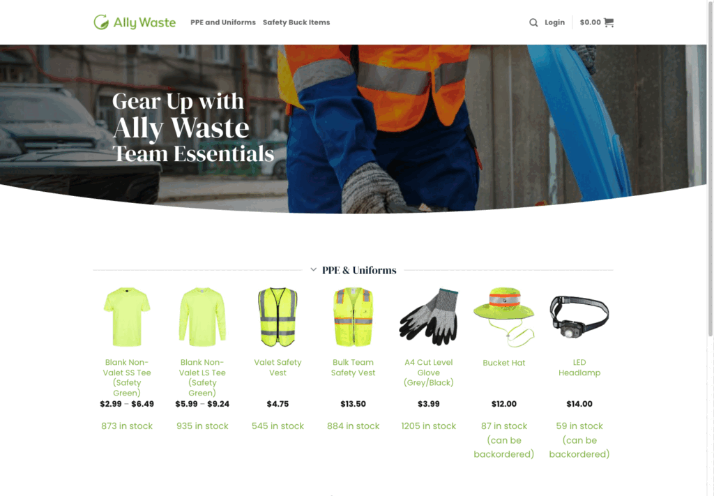 The Ally Waste internal store — PPE distribution, built and fulfilled by Prodigy Promos