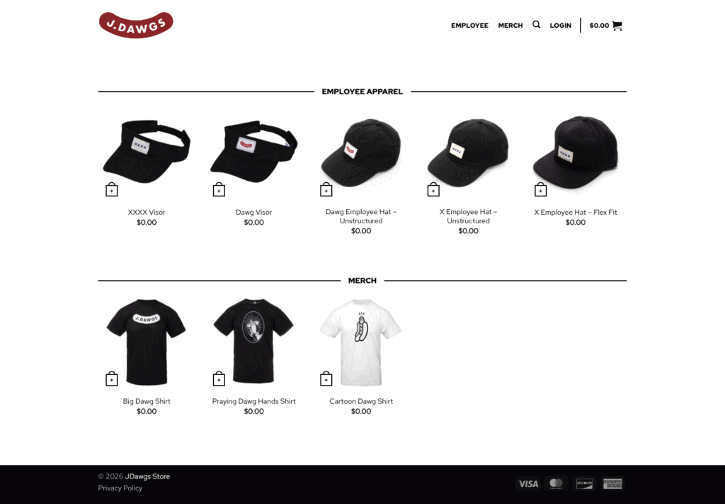 The J. Dawgs internal store — uniform distribution across every location, built and fulfilled by Prodigy Promos